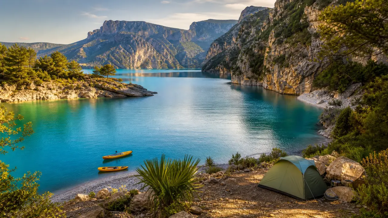 Composition bento des vacances dans le Verdon avec lac turquoise, tente en forêt et randonnée