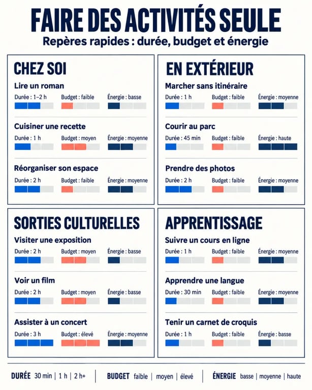Infographie des activités à faire seule selon le budget, la durée et le niveau d’énergie