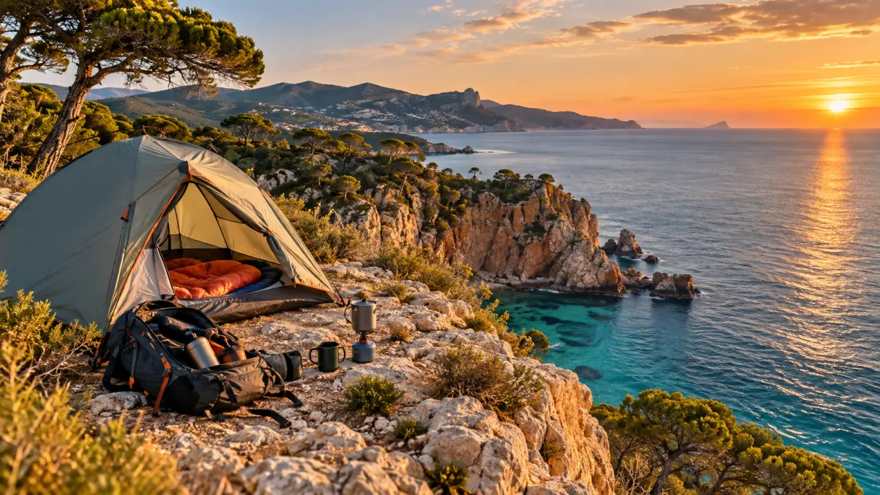 Tente installée au coucher du soleil dans un paysage méditerranéen de la Côte d’Azur