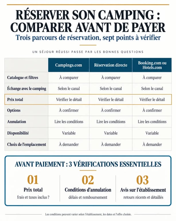 Avis Campings.com : comparaison des canaux de réservation et vérifications avant paiement