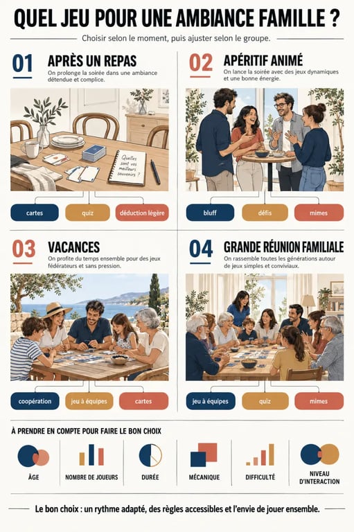 Infographie pour choisir un jeu ambiance famille selon le moment, l’âge et le nombre de joueurs