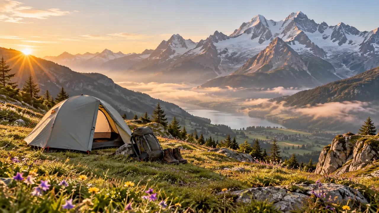 Tente installée dans un paysage naturel français au coucher du soleil