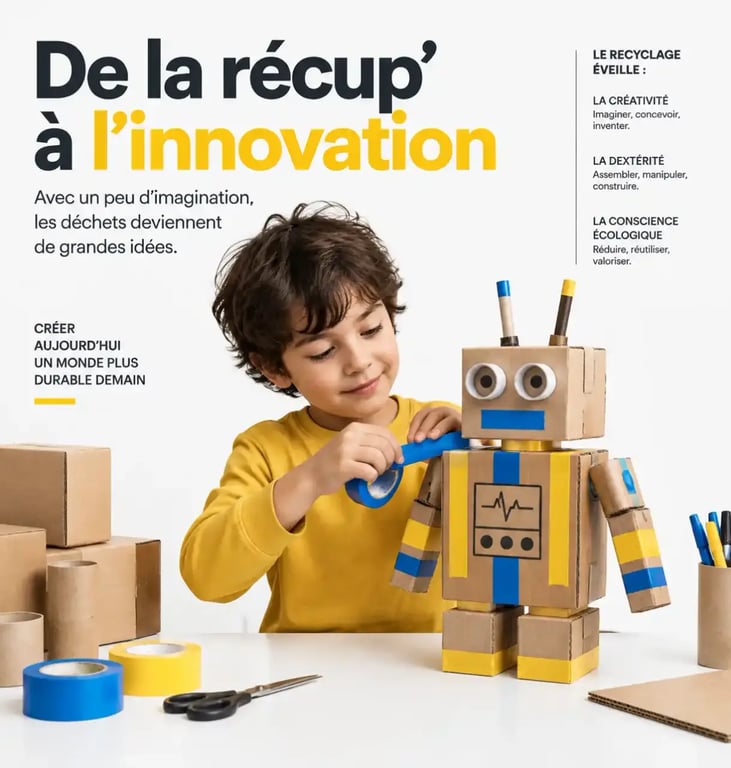 Enfant réalisant des activités créatives à la maison avec du carton recyclé pour occuper les enfants.