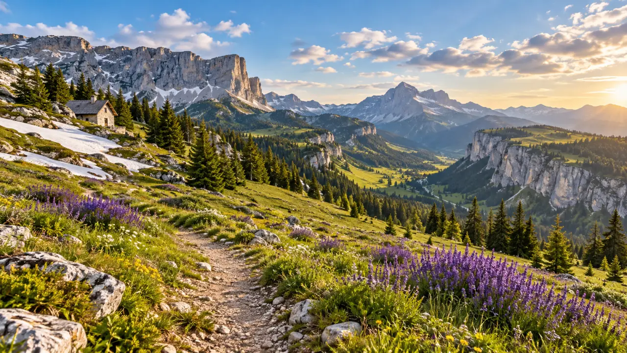 Paysage du Vercors entre montagnes, sentier de randonnée et champs de lavande