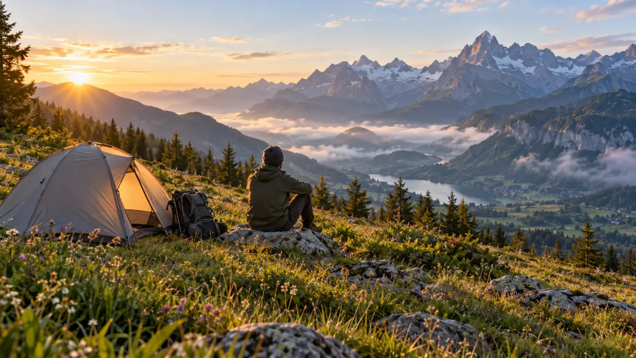 Tente installée dans un paysage naturel français au coucher du soleil