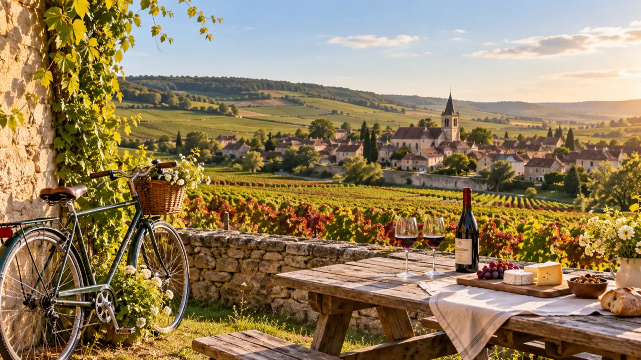 Paysage de Bourgogne avec vignobles, village en pierre et cycliste