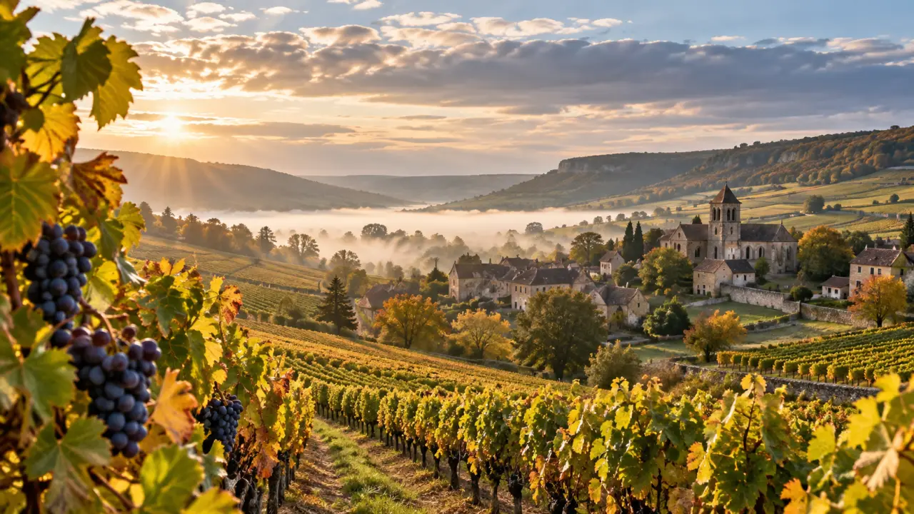 Paysage de Bourgogne entre vignobles, brume matinale et village en pierre