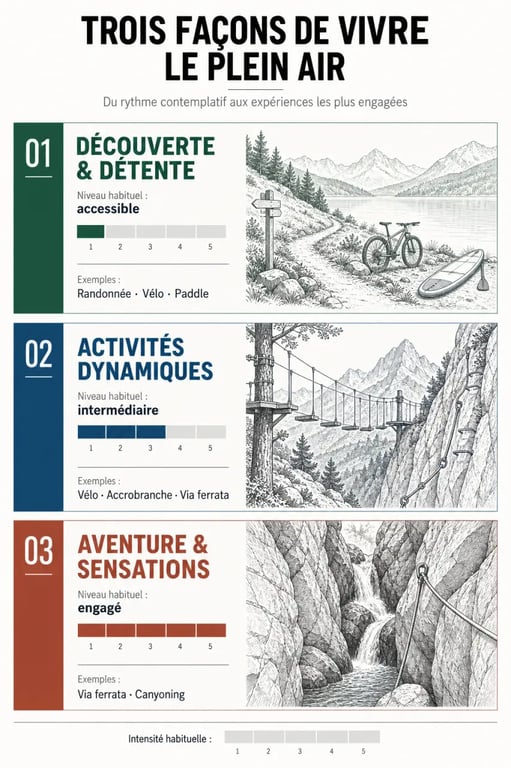Infographie des activités plein air classées par intensité et expérience recherchée