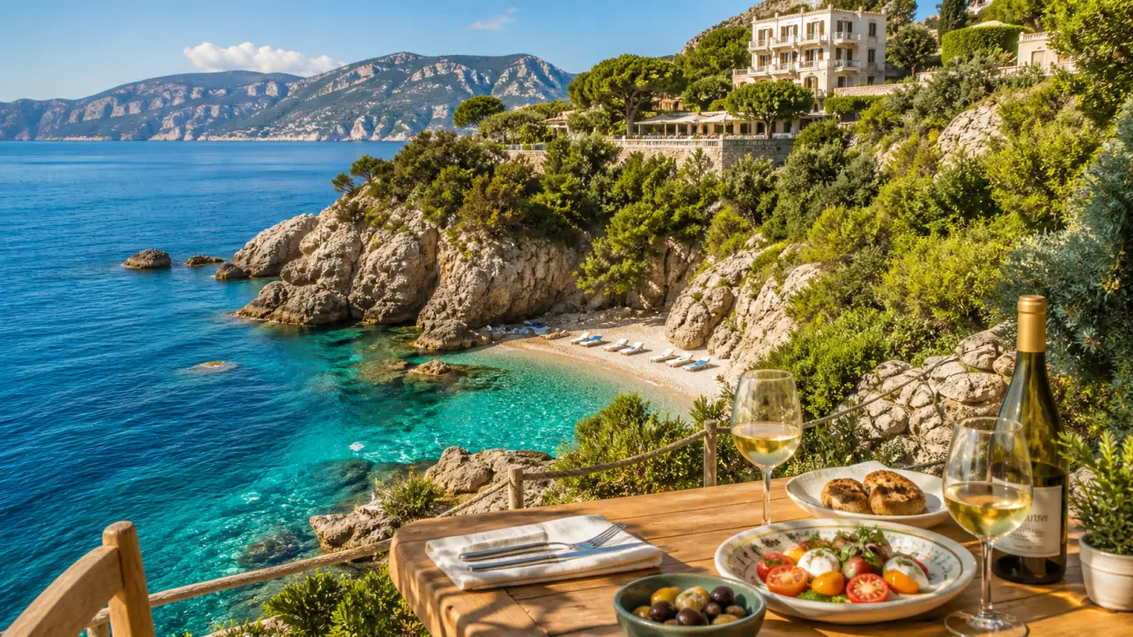Composition bento des vacances sur la Côte d’Azur avec piscine, tente, assiette et billet d’avion