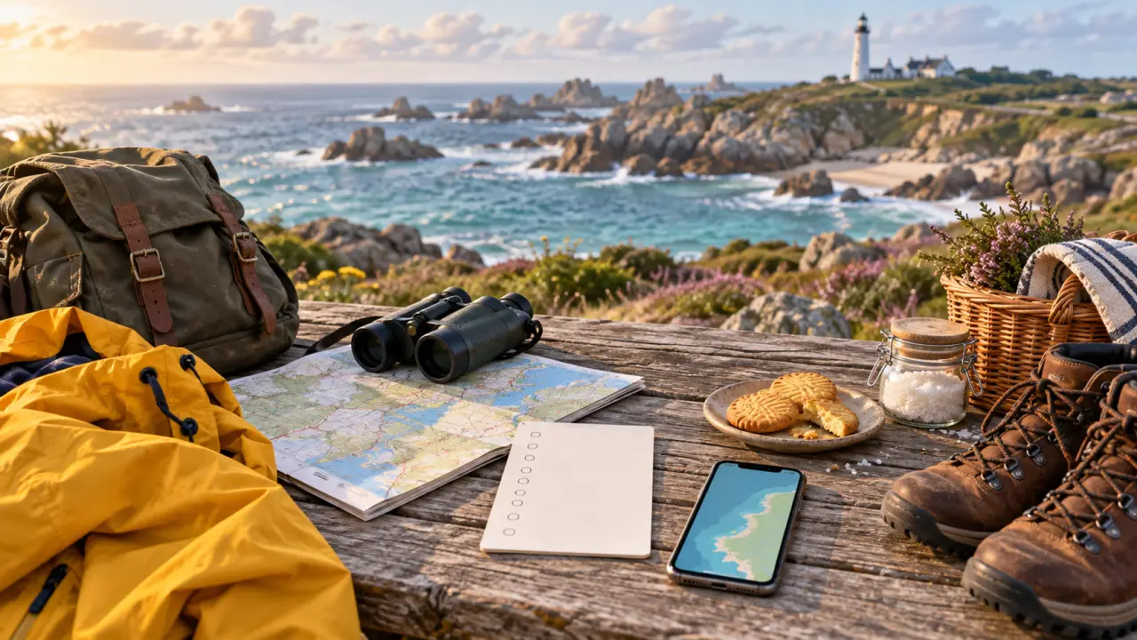 Paysage côtier de Bretagne avec une plage, des rochers et un sentier