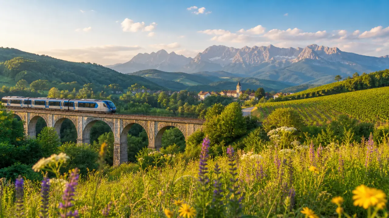 Bento visuel de vacances avec piscine, forêt, gastronomie et billet de train