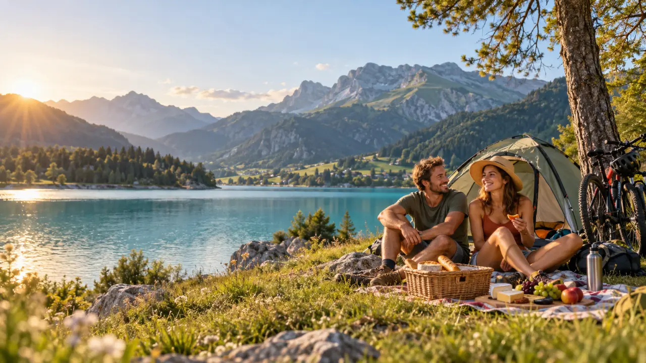 Voyageurs profitant de vacances abordables dans un paysage français