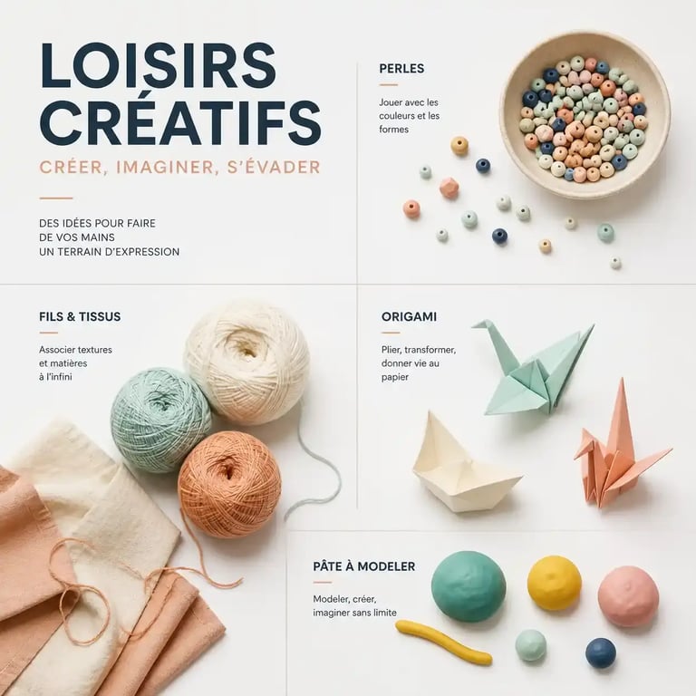 Loisirs et création : matériel pour dessin, couture, modelage et origami organisé sur une table
