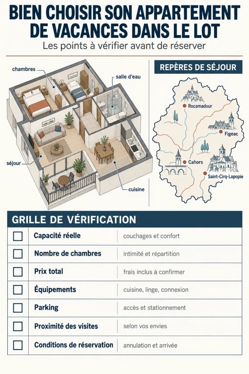Infographie pour choisir un appartement de vacances dans le Lot selon le prix, la capacité, les équipements et la localisation