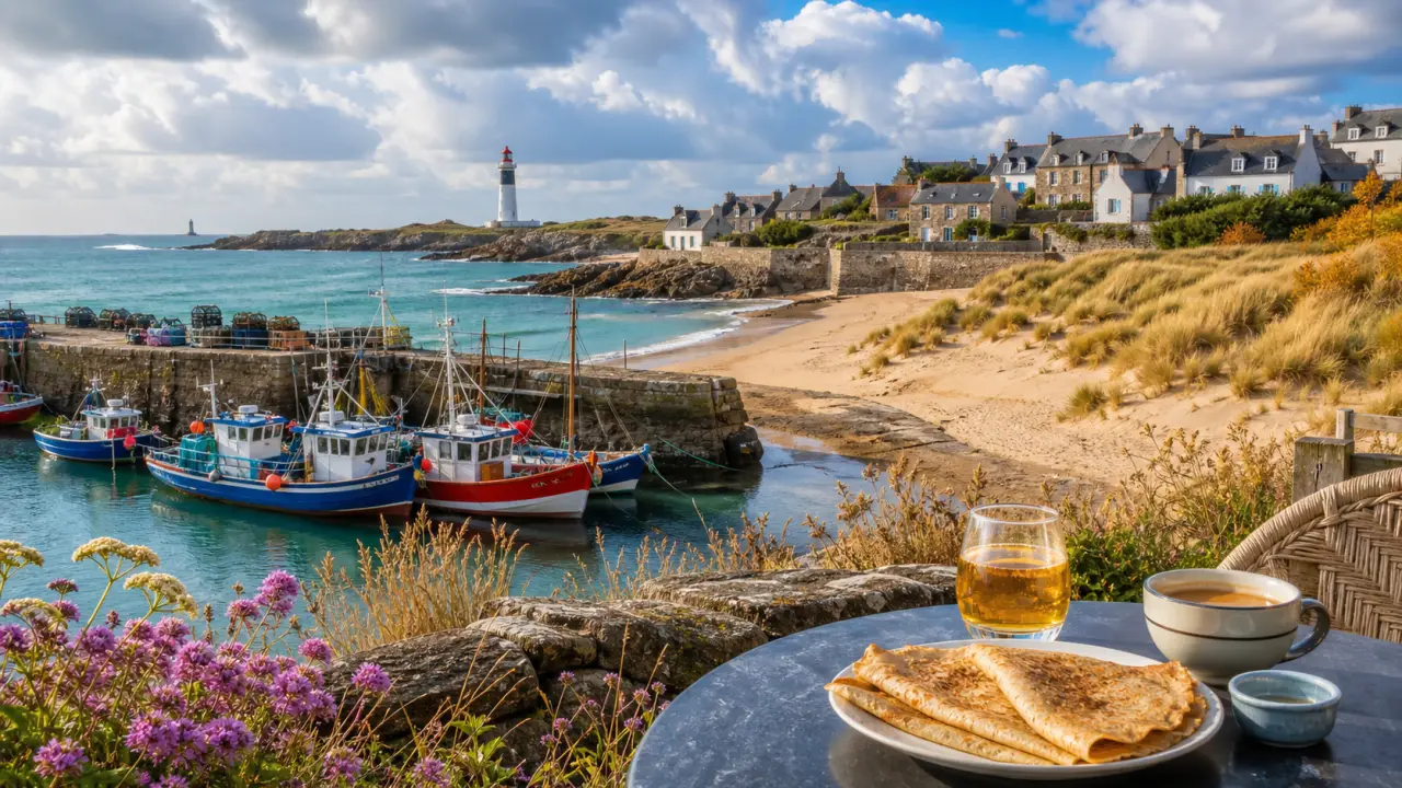 Bento visuel des vacances en Bretagne avec mer, dunes, gastronomie et voyage