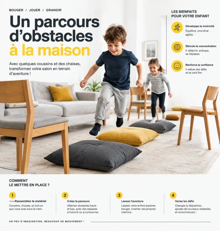 Parcours d'obstacles ludique pour enfants à la maison pour canaliser l'énergie.