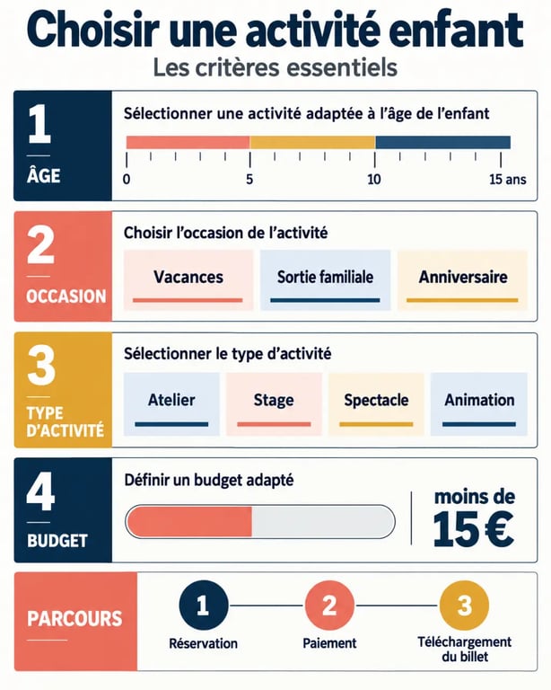 Infographie Kidsplanner.fr pour choisir une activité enfant selon l’âge, le budget et l’occasion