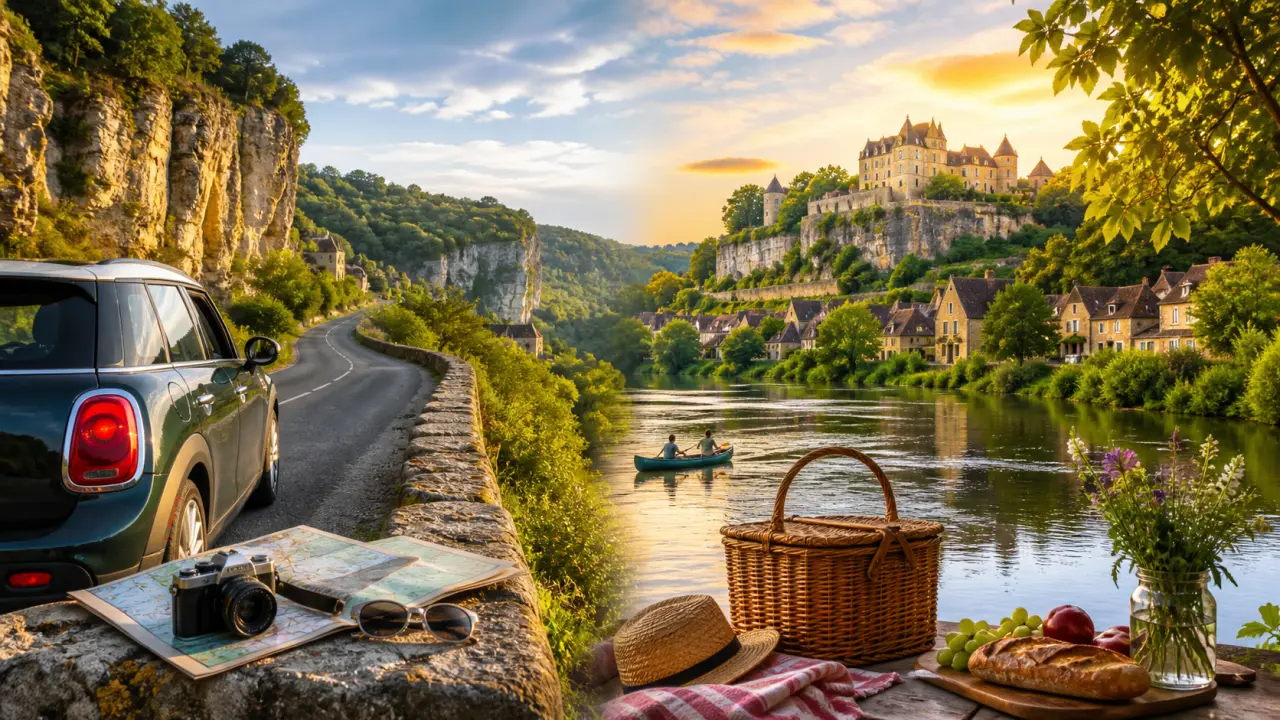 Bento visuel de vacances en Dordogne, entre rivière, village et nature