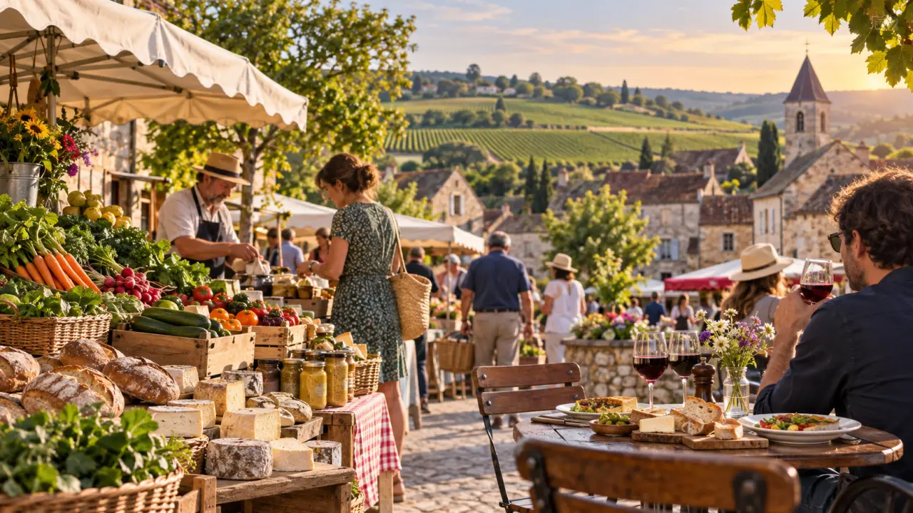 Marché bourguignon avec produits régionaux et spécialités locales