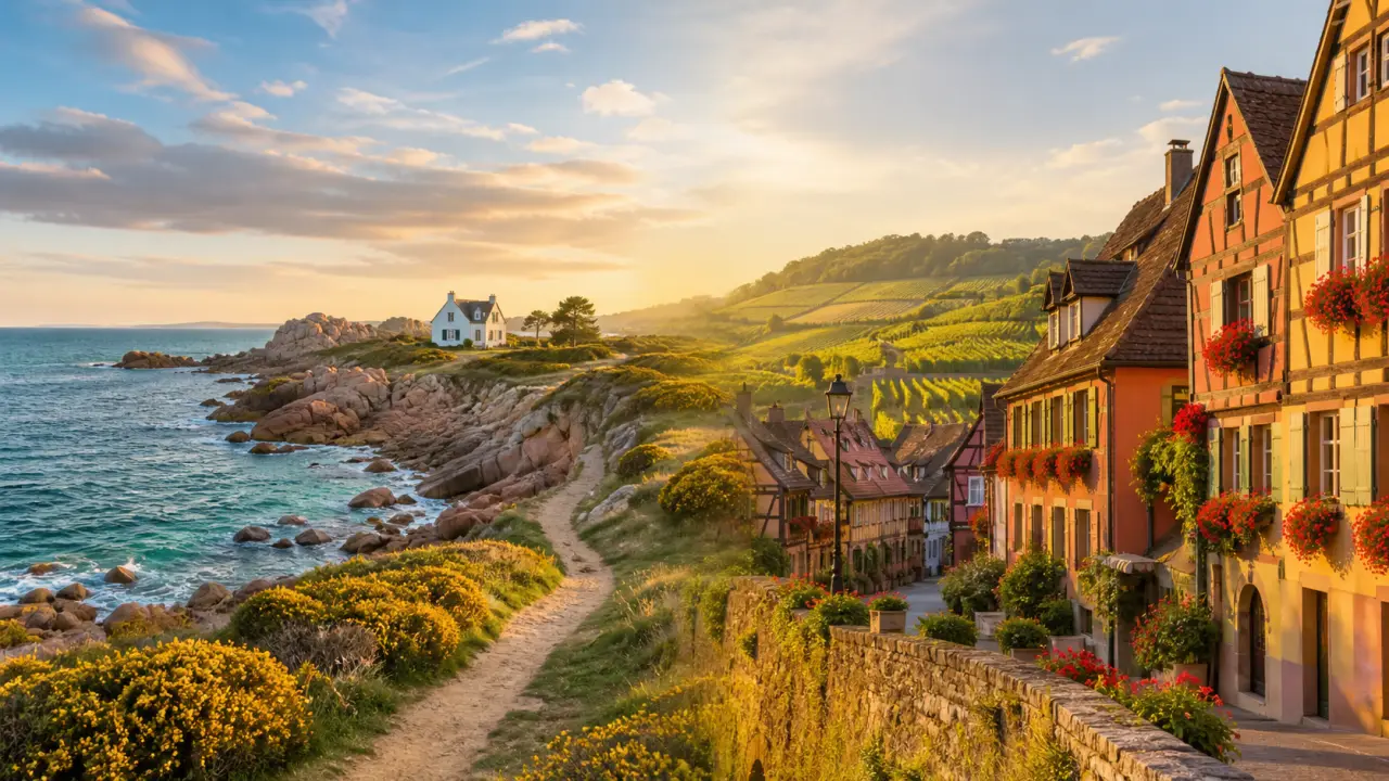 Paysage de Bretagne et village coloré d'Alsace
