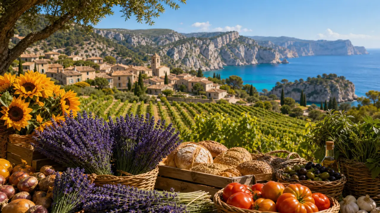 Composition bento de Provence avec marchés, calanques, vins et lumières méditerranéennes
