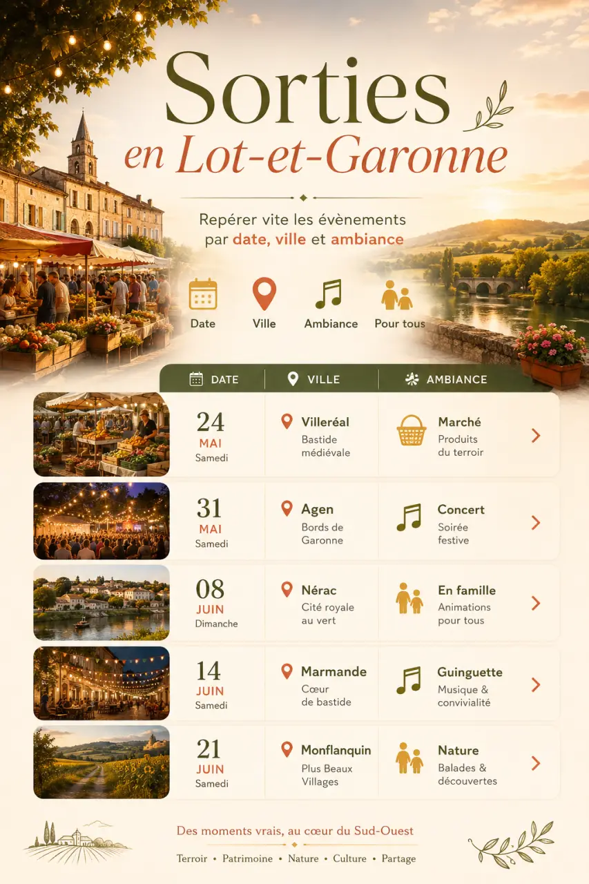 Sorties en Lot-et-Garonne : repérer vite les évènements par date, ville et ambiance